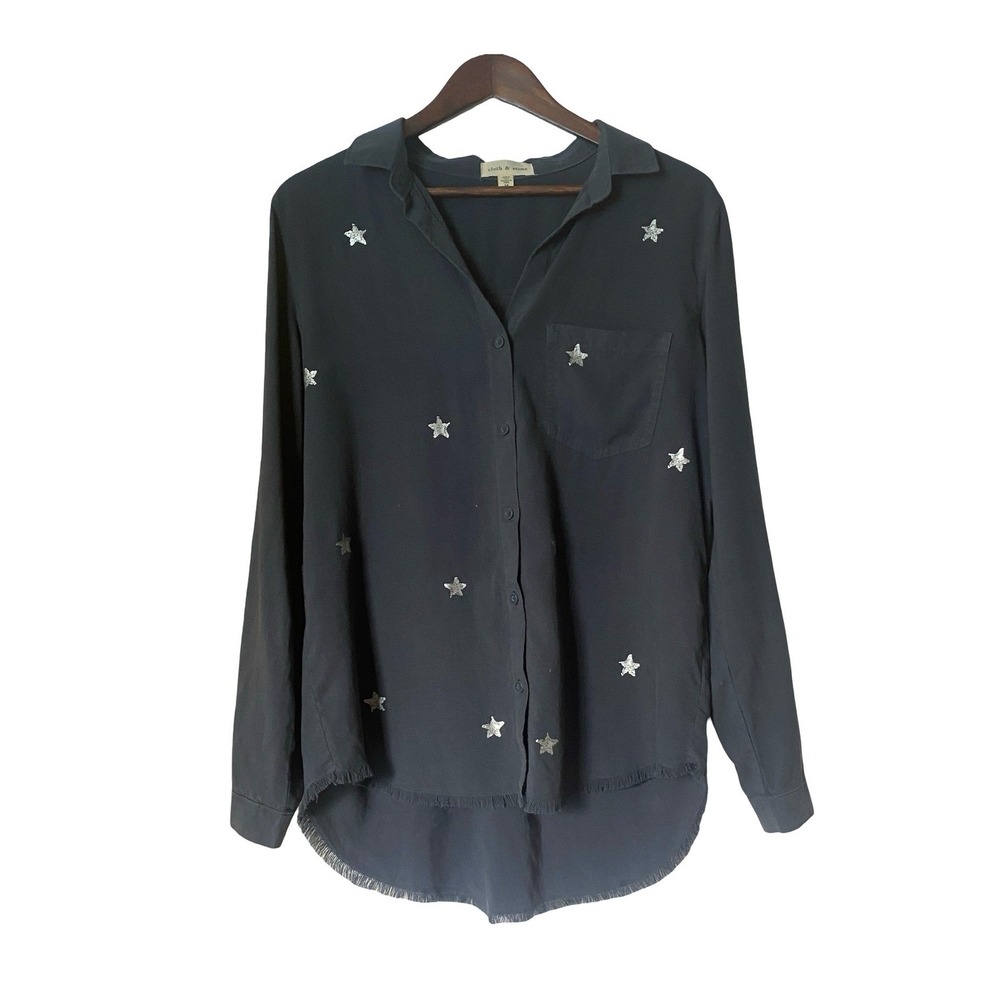 Cloth & Stone Star Print Button Down Shirt Size M Black Tencel Frayed Hem Women